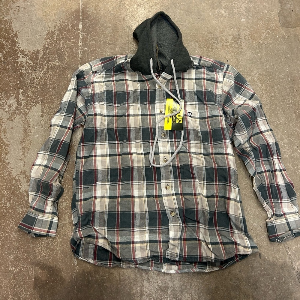 Nwt azur cotton workwear shirt‎ Plaid Button-Up Shirt with Hood